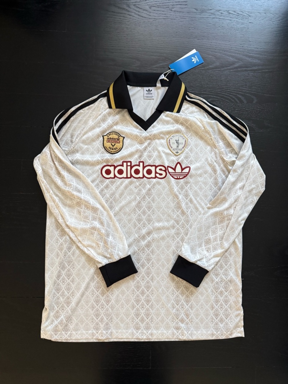 adidas White Long Sleeve Trefoil Logo Soccer Shirt with Black Trim